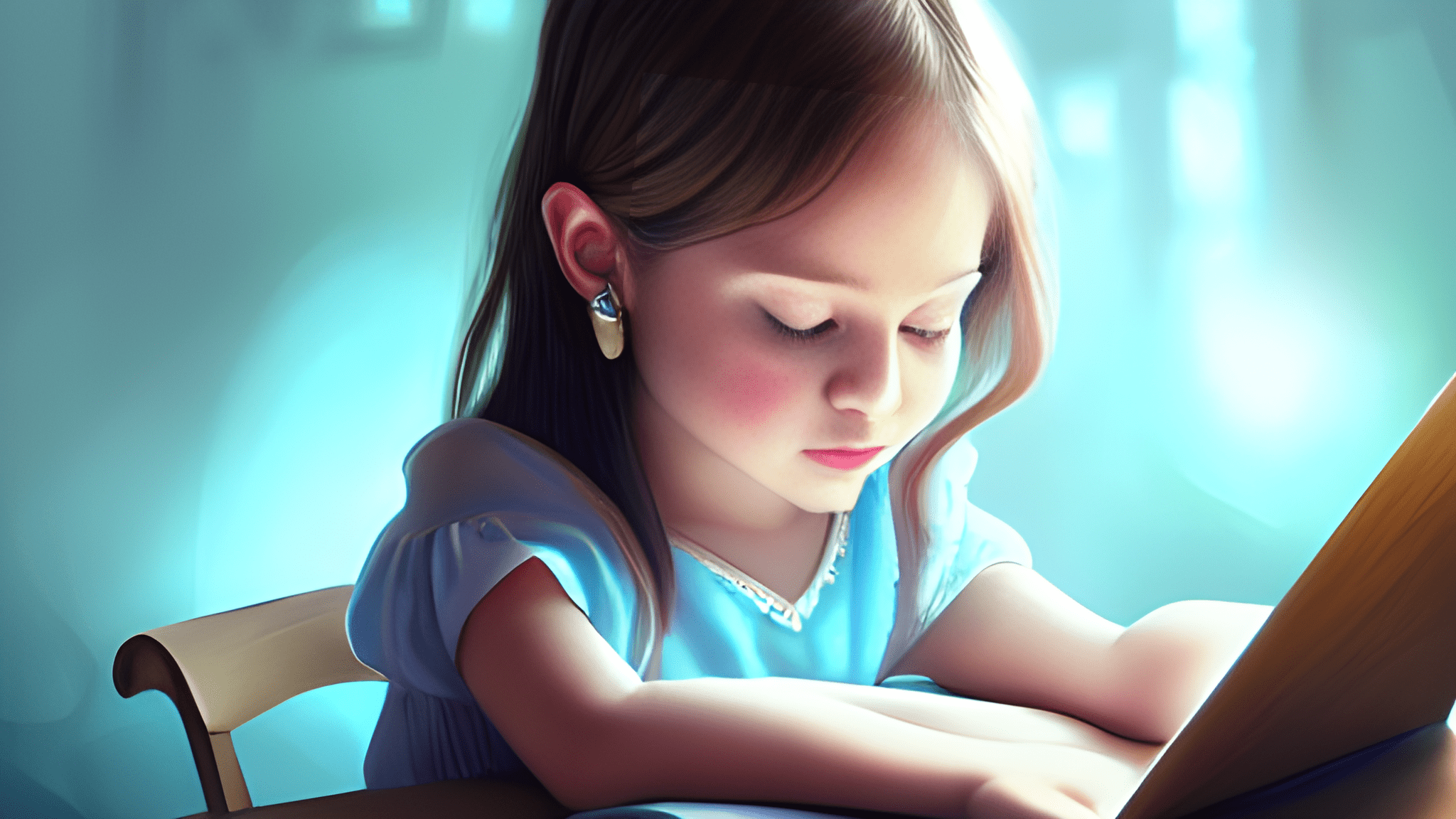 A little girl is studying in front of a computer screen