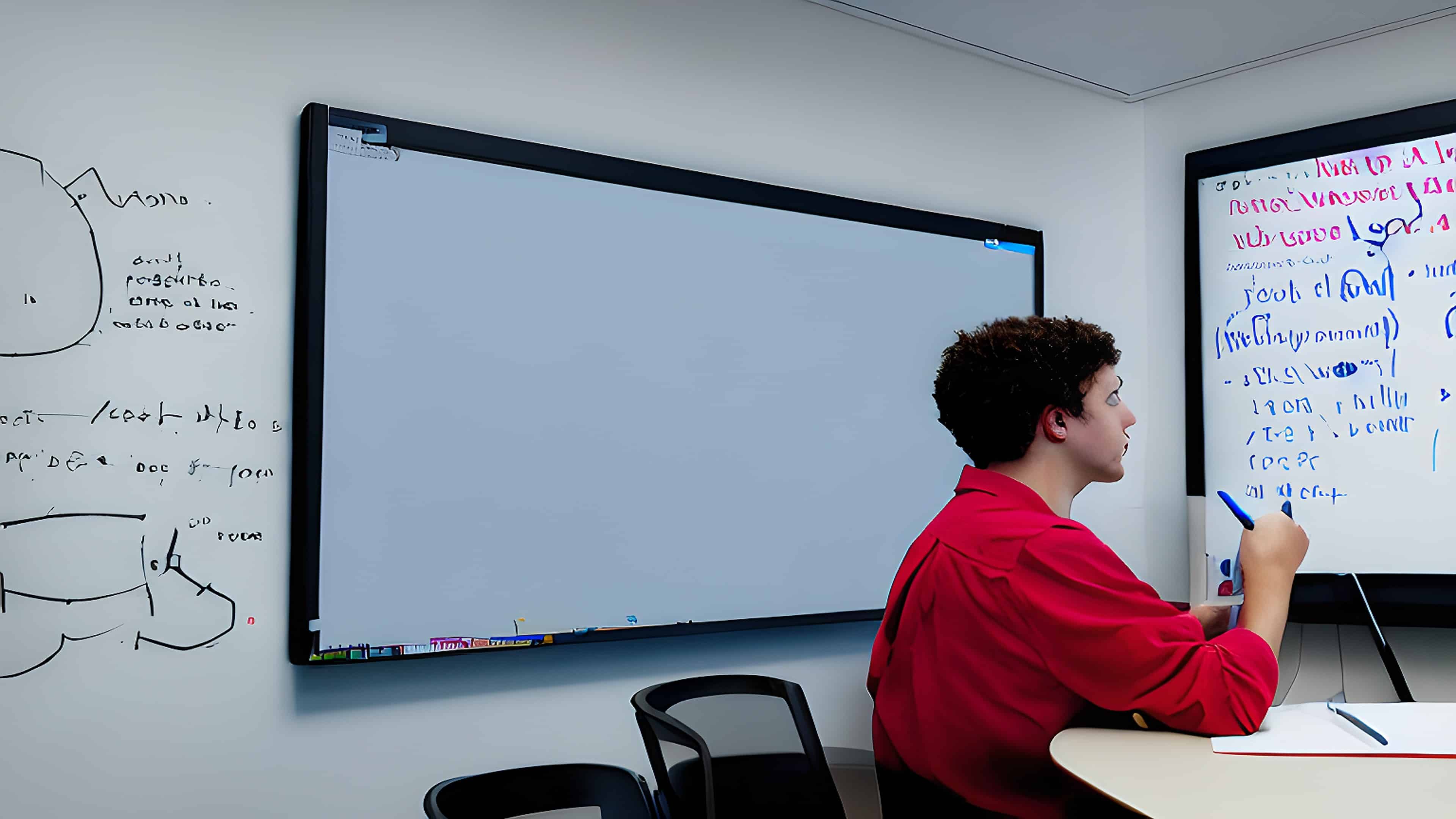 A student is writing on a whiteboard while a computer screen on the wall beside them projects slides from a lecture